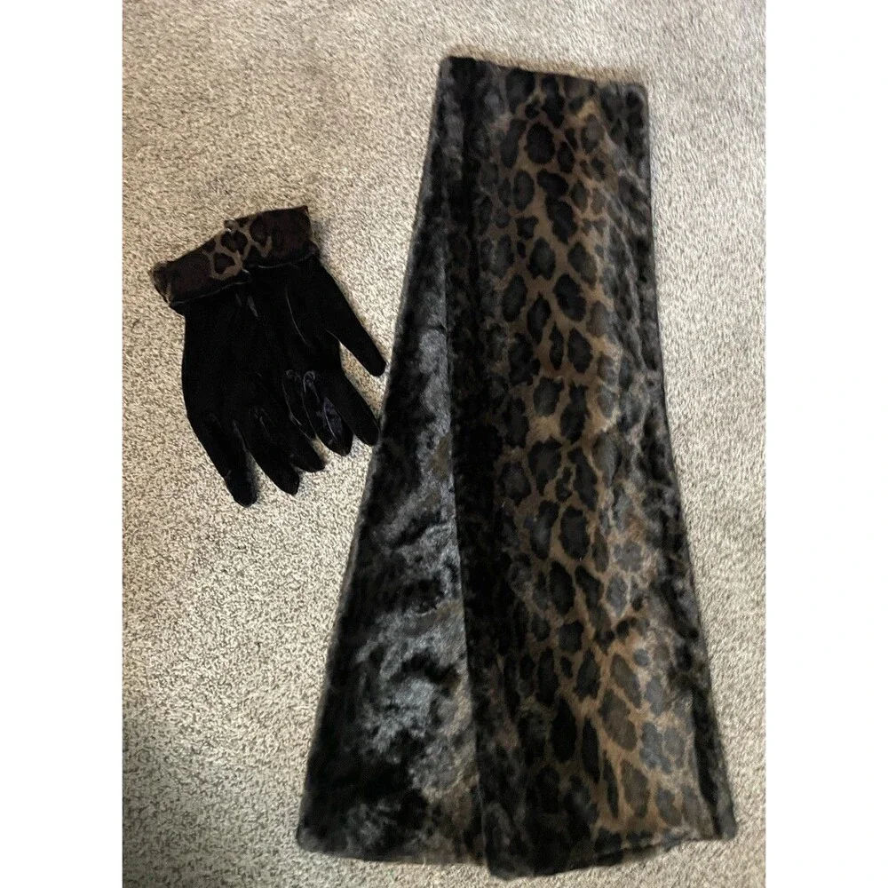 Kenneth Cole Faux Fur Leopard Stole Scarf + Velvet Gloves Set Vintage